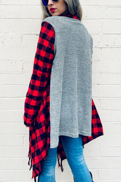 Buffalo Plaid Grey Knit Back With Tassel Jacket