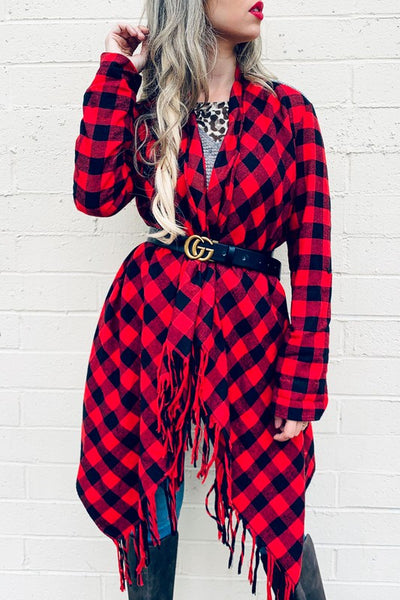 Buffalo Plaid Grey Knit Back With Tassel Jacket