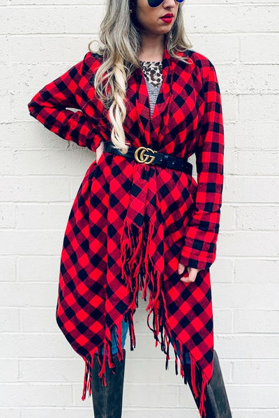 Buffalo Plaid Grey Knit Back With Tassel Jacket