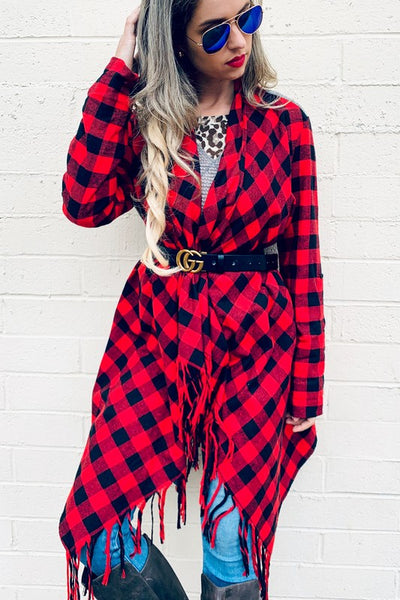 Buffalo Plaid Grey Knit Back With Tassel Jacket