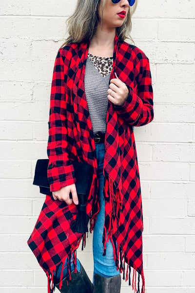 Buffalo Plaid Grey Knit Back With Tassel Jacket