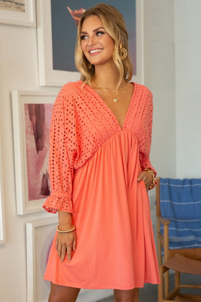 COTTON EYELET CONTRAST BODICE WITH 3/4 SLEEVE