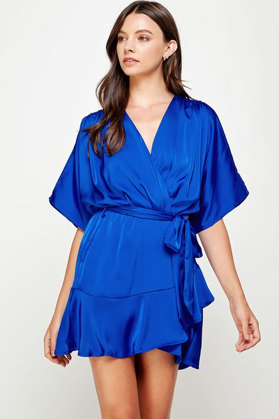 Satin Faux Wrap Mini Dress with Flare Sleeves