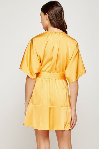 Satin Faux Wrap Mini Dress with Flare Sleeves