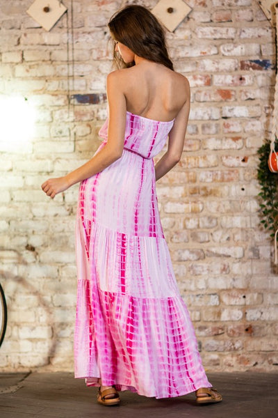 TUBE TIE WAIST TIERED TIE-DYE MAXI DRESS