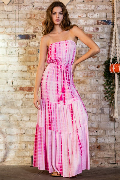 TUBE TIE WAIST TIERED TIE-DYE MAXI DRESS