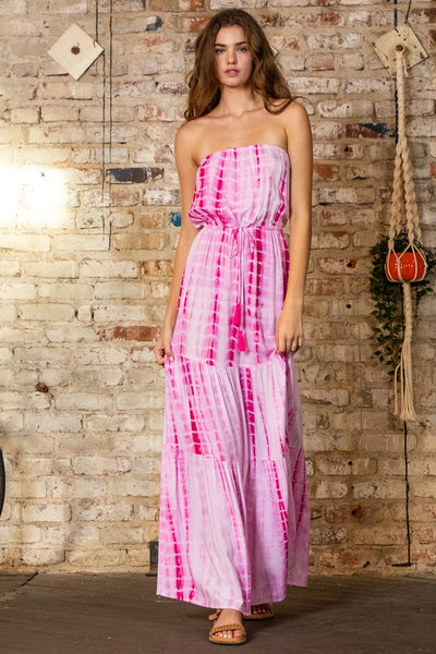 TUBE TIE WAIST TIERED TIE-DYE MAXI DRESS