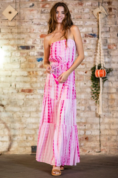 TUBE TIE WAIST TIERED TIE-DYE MAXI DRESS