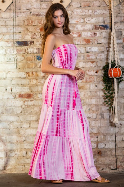 TUBE TIE WAIST TIERED TIE-DYE MAXI DRESS