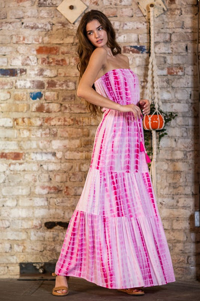 TUBE TIE WAIST TIERED TIE-DYE MAXI DRESS