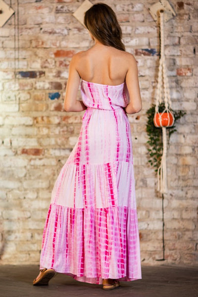 TUBE TIE WAIST TIERED TIE-DYE MAXI DRESS