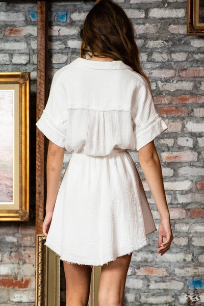 Tassel Tie Waist Round Raw Cut Hem Mini Shirt Dress