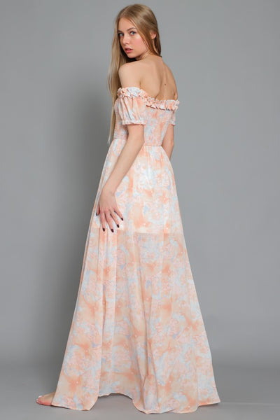 RUFFLE ELASTIC SMOCKED TOP MAXI DRESS