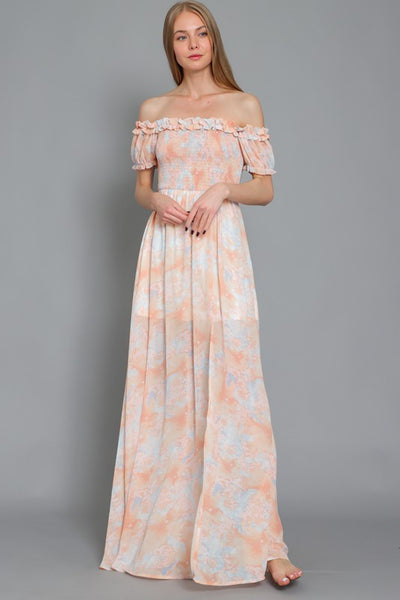 RUFFLE ELASTIC SMOCKED TOP MAXI DRESS