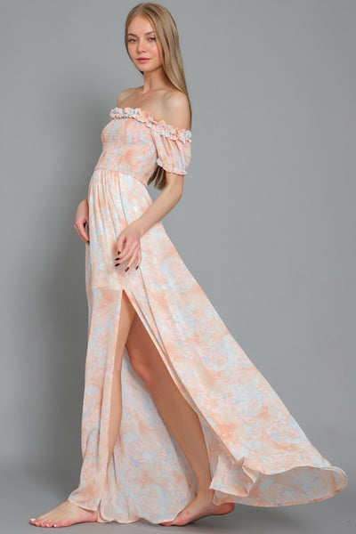 RUFFLE ELASTIC SMOCKED TOP MAXI DRESS