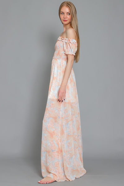 RUFFLE ELASTIC SMOCKED TOP MAXI DRESS