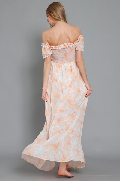 RUFFLE ELASTIC SMOCKED TOP MAXI DRESS