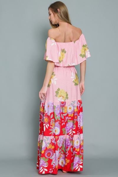 OFF SHOULDER ELASTIC WAIST BORDER PRINT MAXI DRESS