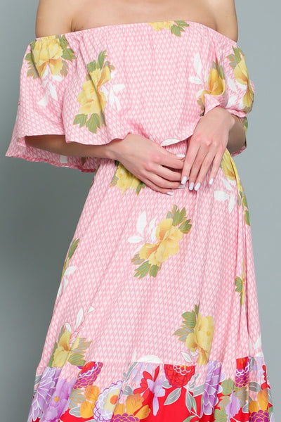 OFF SHOULDER ELASTIC WAIST BORDER PRINT MAXI DRESS