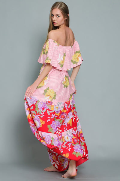 OFF SHOULDER ELASTIC WAIST BORDER PRINT MAXI DRESS