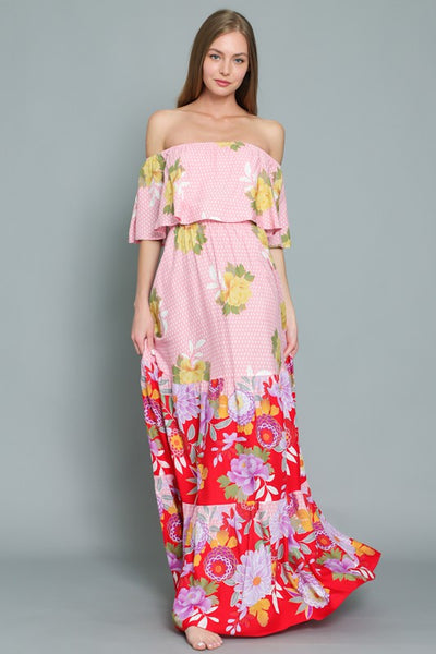 OFF SHOULDER ELASTIC WAIST BORDER PRINT MAXI DRESS