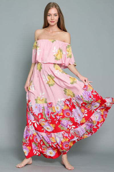 OFF SHOULDER ELASTIC WAIST BORDER PRINT MAXI DRESS
