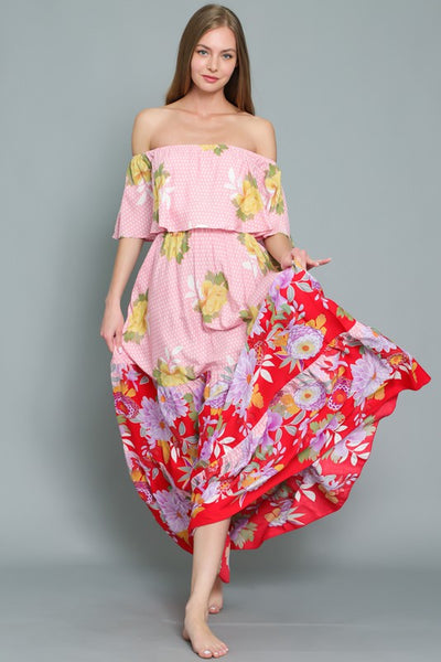 OFF SHOULDER ELASTIC WAIST BORDER PRINT MAXI DRESS