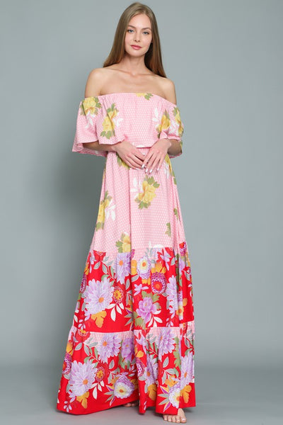 OFF SHOULDER ELASTIC WAIST BORDER PRINT MAXI DRESS