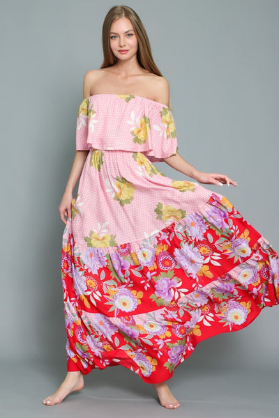 OFF SHOULDER ELASTIC WAIST BORDER PRINT MAXI DRESS