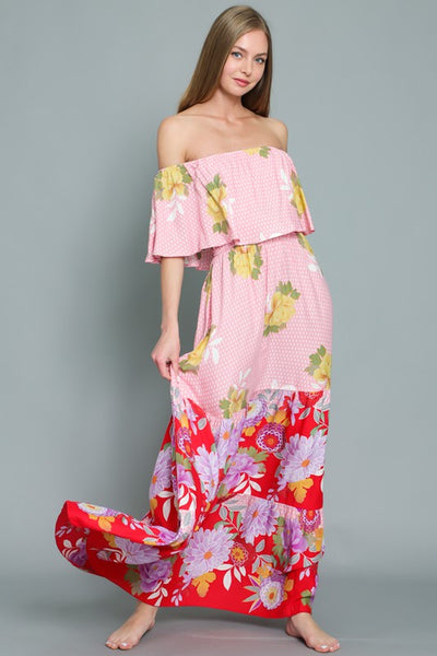 OFF SHOULDER ELASTIC WAIST BORDER PRINT MAXI DRESS