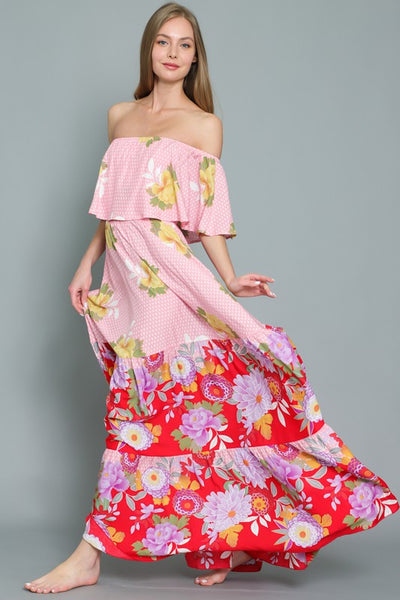 OFF SHOULDER ELASTIC WAIST BORDER PRINT MAXI DRESS