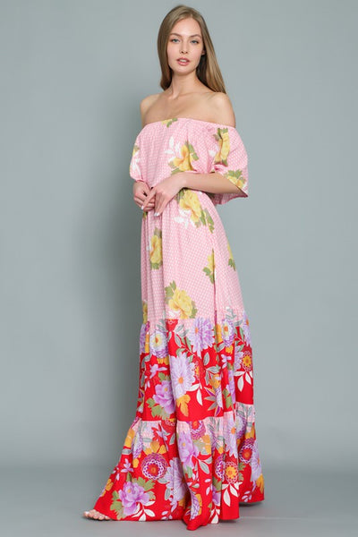OFF SHOULDER ELASTIC WAIST BORDER PRINT MAXI DRESS