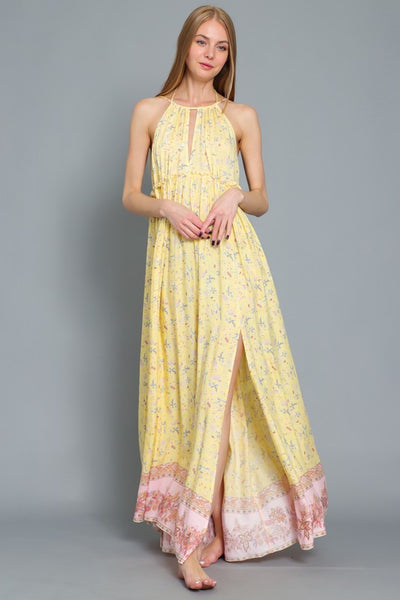 SLEEVELESS HALTER EMPIRE WAIST MAXI DRESS