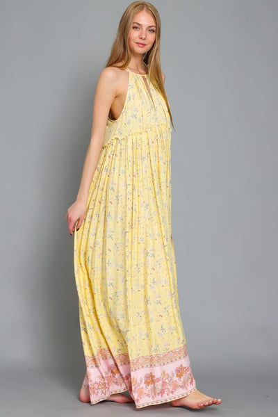 SLEEVELESS HALTER EMPIRE WAIST MAXI DRESS