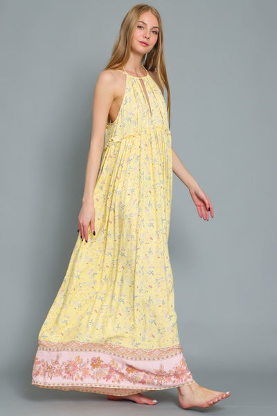 SLEEVELESS HALTER EMPIRE WAIST MAXI DRESS