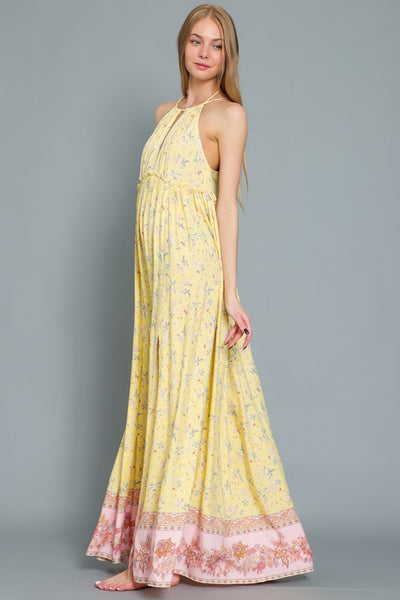 SLEEVELESS HALTER EMPIRE WAIST MAXI DRESS