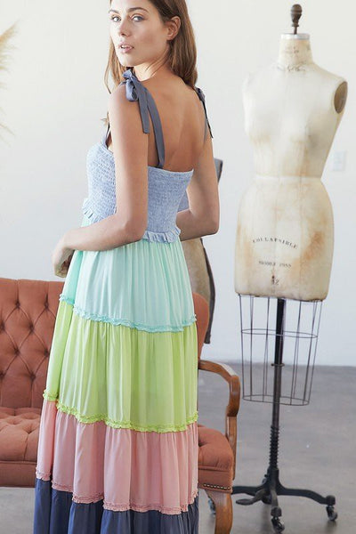 MULTI COLOR BLOCK SMOCKED MAXI DRESS