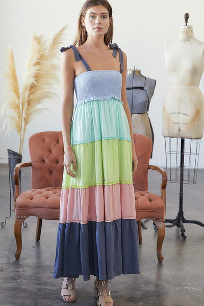 MULTI COLOR BLOCK SMOCKED MAXI DRESS