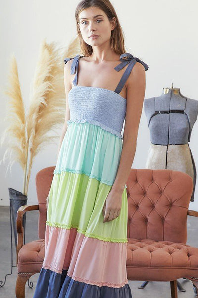 MULTI COLOR BLOCK SMOCKED MAXI DRESS