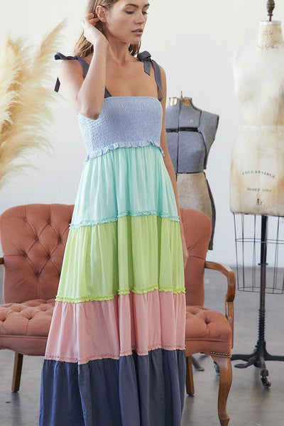 MULTI COLOR BLOCK SMOCKED MAXI DRESS