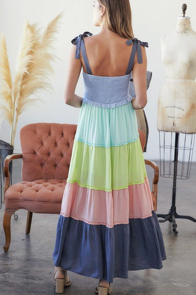 MULTI COLOR BLOCK SMOCKED MAXI DRESS