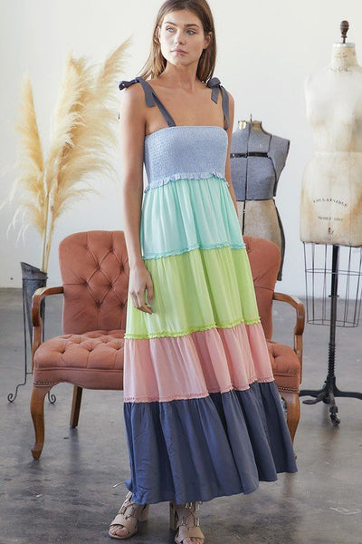 MULTI COLOR BLOCK SMOCKED MAXI DRESS