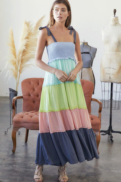 MULTI COLOR BLOCK SMOCKED MAXI DRESS