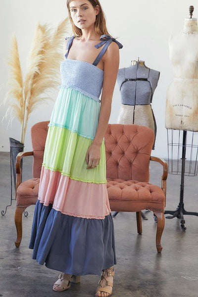 MULTI COLOR BLOCK SMOCKED MAXI DRESS