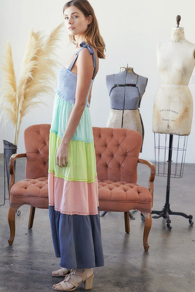 MULTI COLOR BLOCK SMOCKED MAXI DRESS