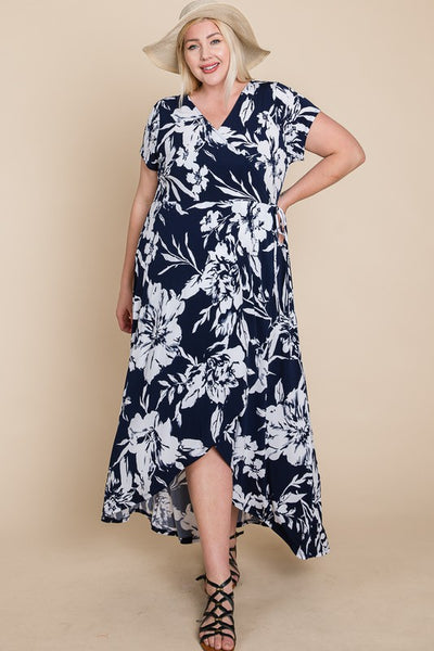 Plus Size Floral Faux Wrap Hi-Low Maxi Dress