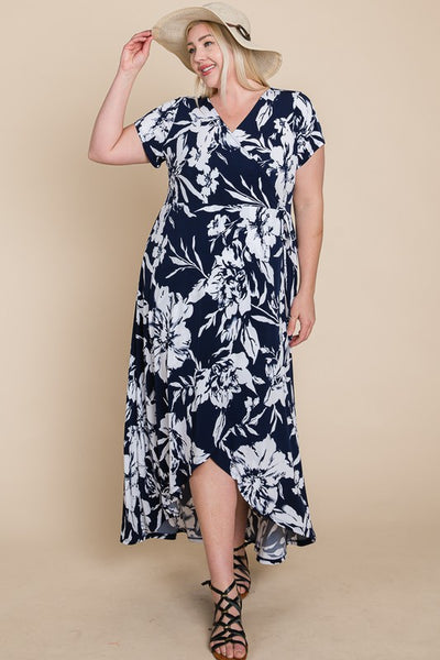 Plus Size Floral Faux Wrap Hi-Low Maxi Dress