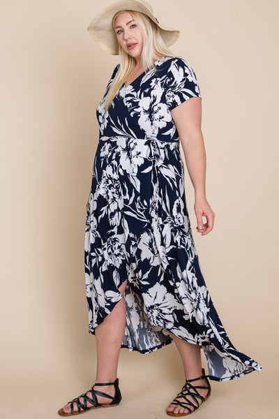 Plus Size Floral Faux Wrap Hi-Low Maxi Dress