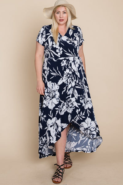 Plus Size Floral Faux Wrap Hi-Low Maxi Dress