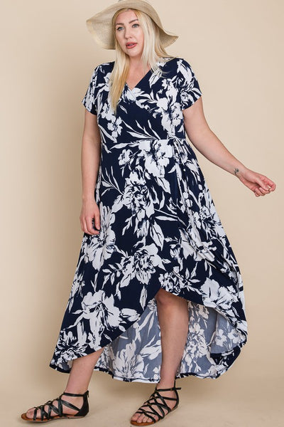 Plus Size Floral Faux Wrap Hi-Low Maxi Dress